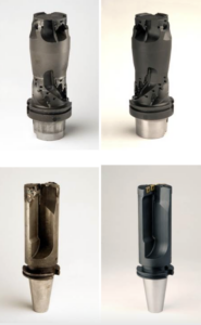 Four views of a damaged cylindrical mechanical component with a metal base and black plastic housing, showing cracks and breaks on all sides.